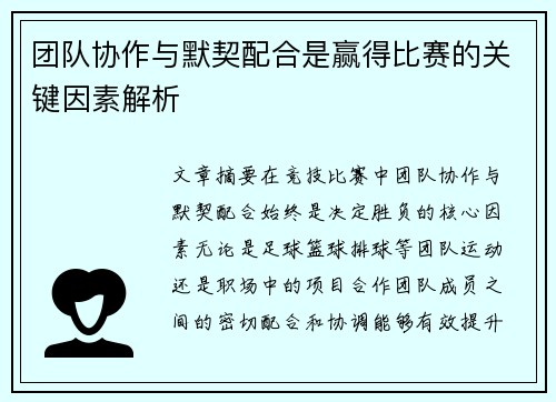 团队协作与默契配合是赢得比赛的关键因素解析